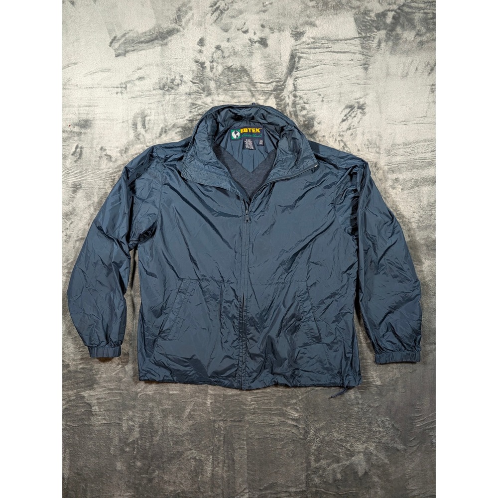 EBTEK Eddie Bauer Mens Navy Blue Full Zip Windbreaker Jacket Stowable Hood XL